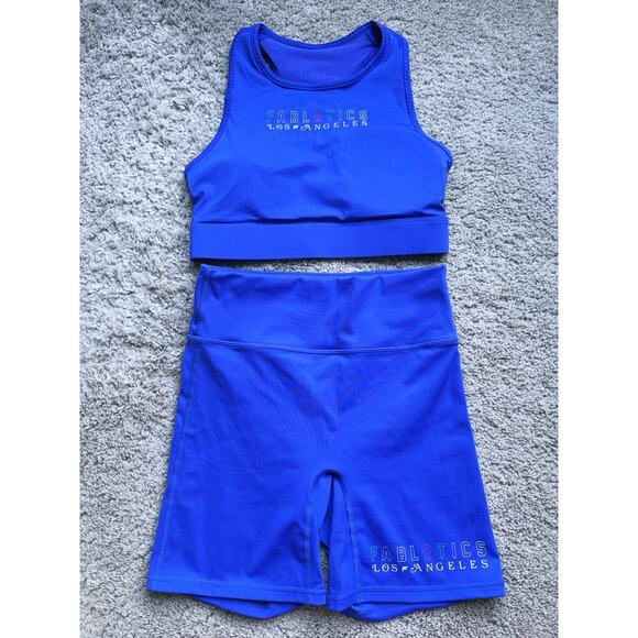 Fabletics Athletic SET Graphic Trinity Sports Bra & Biker Shorts Purple Indigo S - Picture 6 of 14